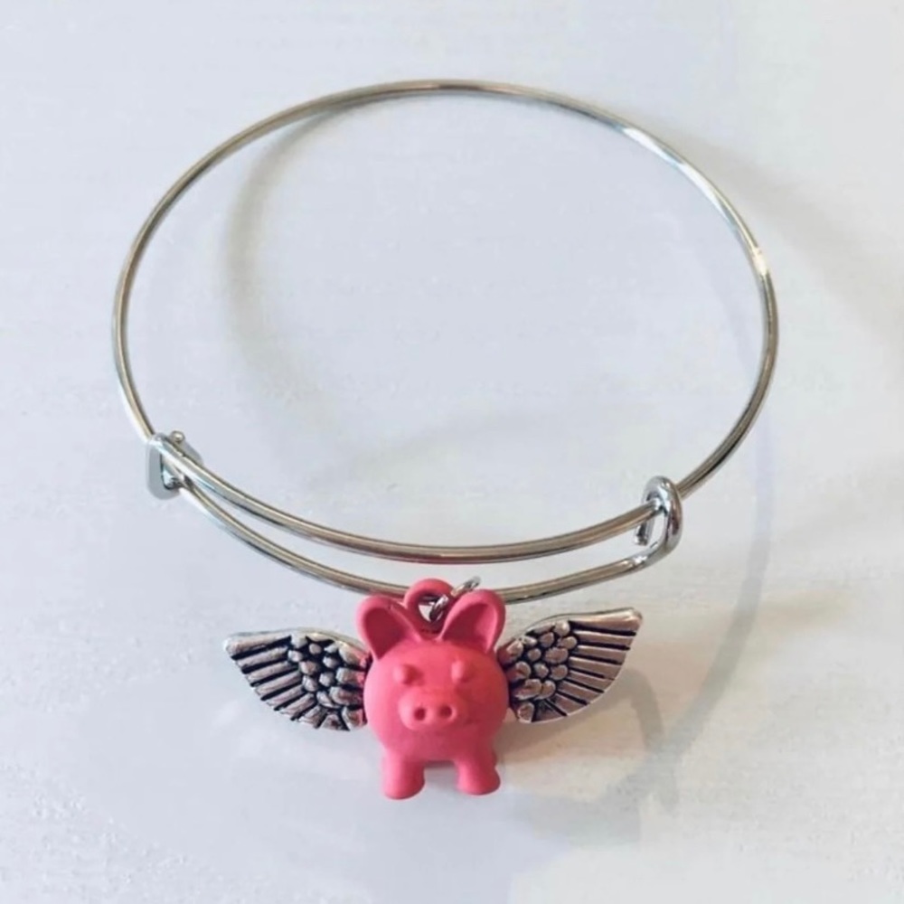 Handmade Sterling Silver “When Pigs Fly” Charm Bangle Bracelet